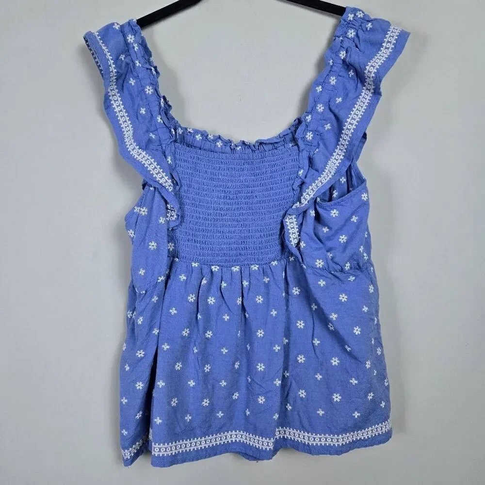 Old Navy Womens Embroidered Babydoll Top XL Blue Ruffle Peasant Boho Cottagecore